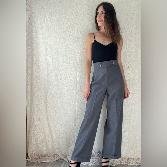 Vintage 90s High-Waisted Wide Leg Grey Trousers Pants Made in USA - Picture 10 of 14